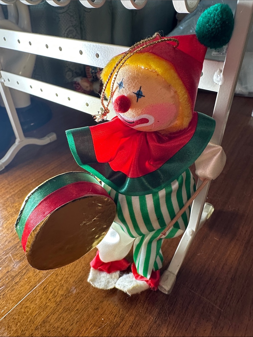 Vintage Russ Berrie clown ornament with green and white striped suit & a drum
